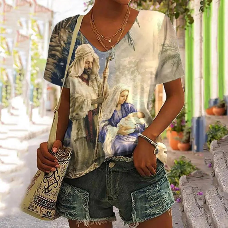 3D Printed Summer V-Neck T-Shirt for Women