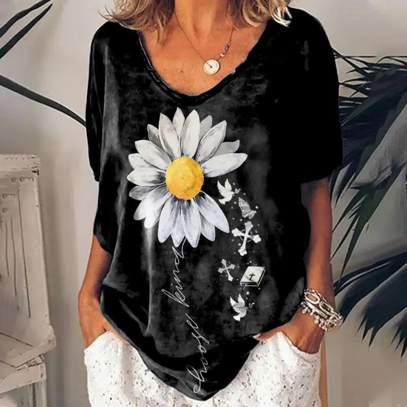 3D Printed Summer V-Neck T-Shirt for Women