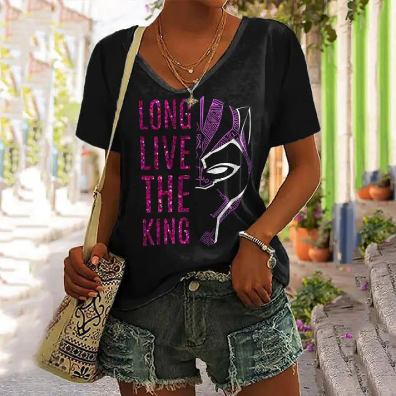 3D Printed Summer V-Neck T-Shirt for Women