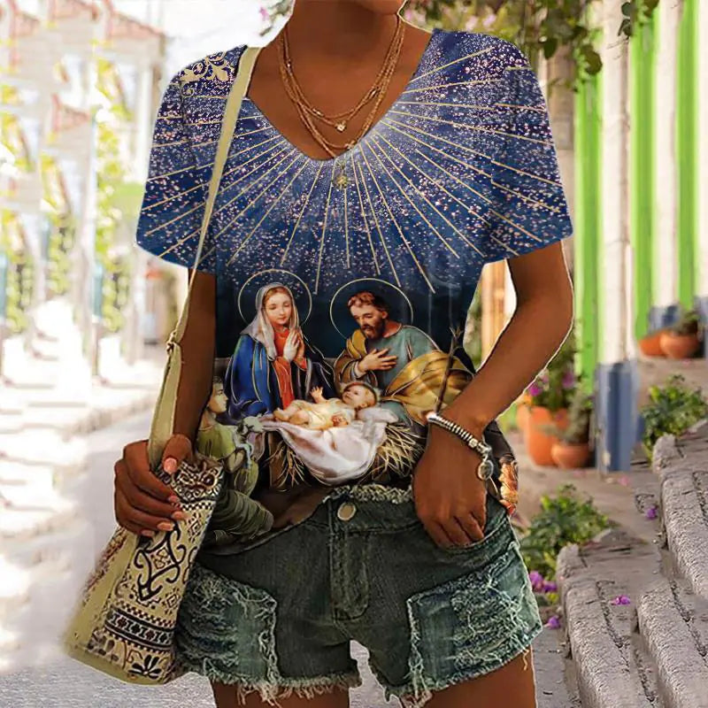 3D Printed Summer V-Neck T-Shirt for Women