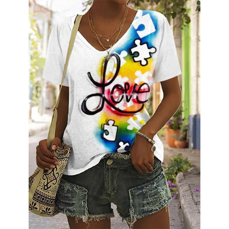 3D Printed Summer V-Neck T-Shirt for Women