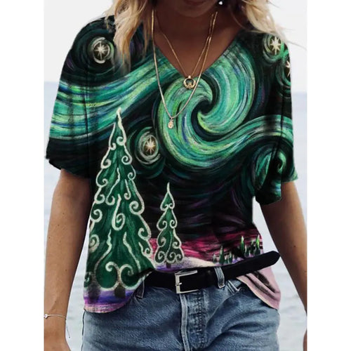 3D Printed Summer V-Neck T-Shirt for Women