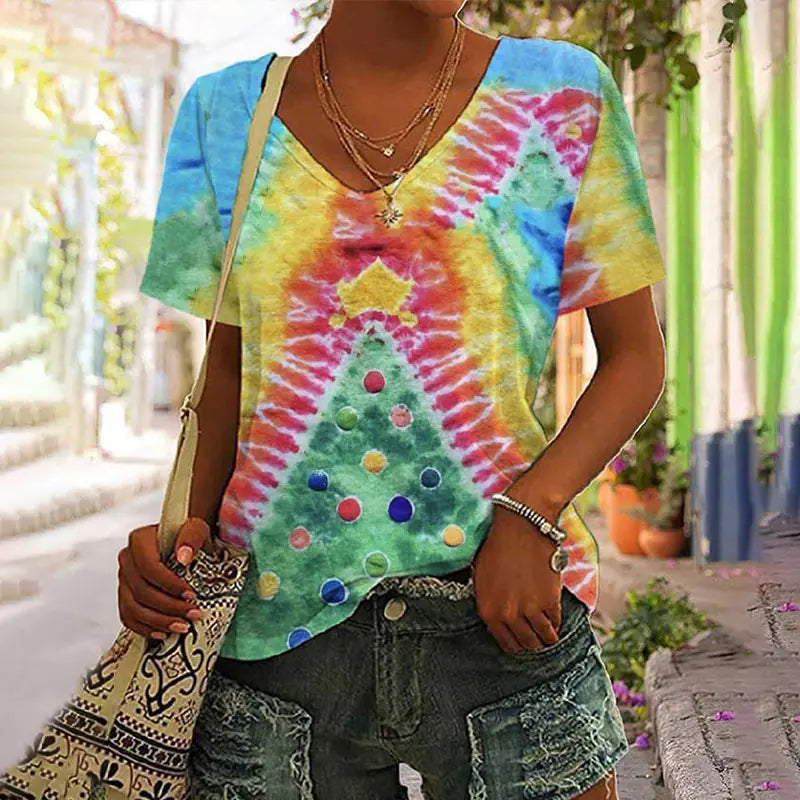 3D Printed Summer V-Neck T-Shirt for Women