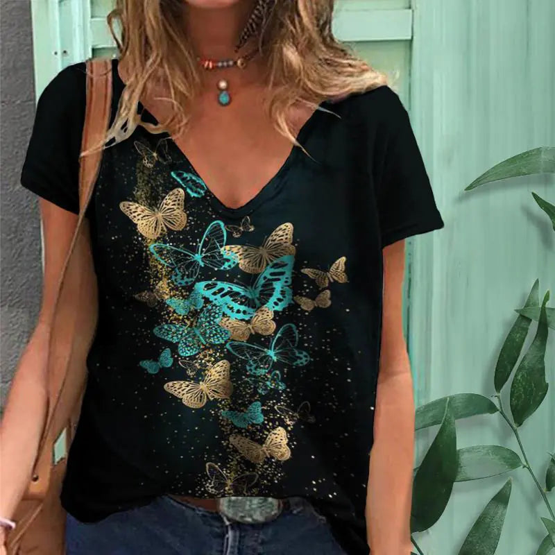 3D Printed Summer V-Neck T-Shirt for Women
